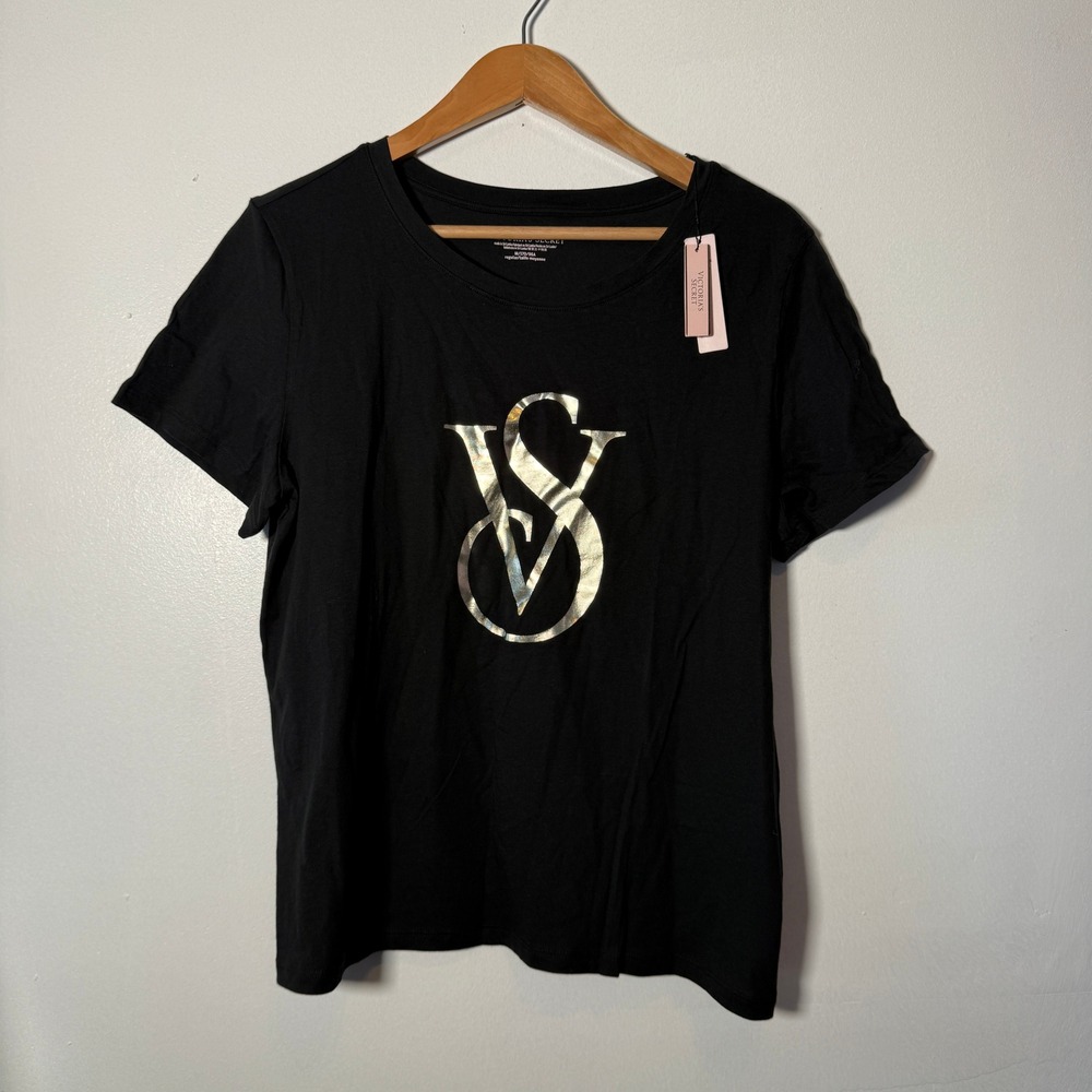 Victorias Secret Black Short Sleeve Metallic Gold VS‎ Logo Graphic T-Shirt M NWT